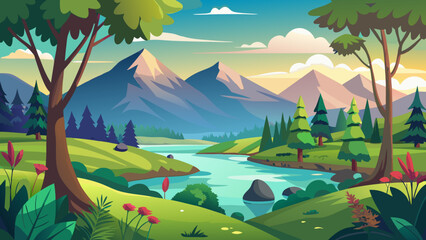 Vibrant cartoon landscape with a winding river and majestic mountains