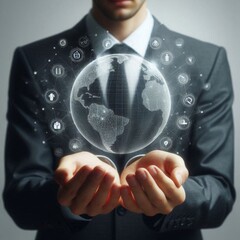 Businessman in formal suit holding cupped hands forward