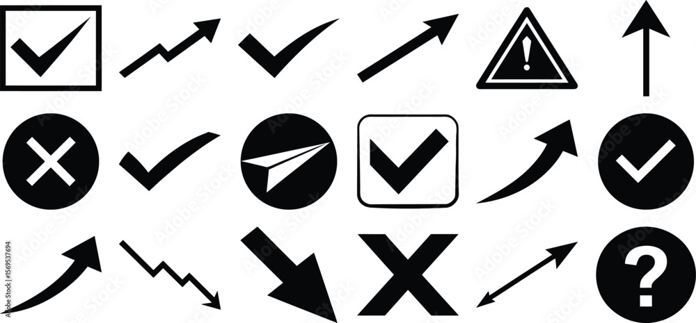 Aufkleber check mark x mark arrow question and warning icon set with direction symbols and paper plane shapes 