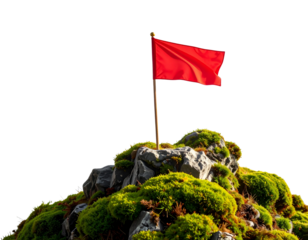 Lone Red Flag on Mossy Cliff Edge in Dense Fog, Symbol of Perseverance – PNG Isolated