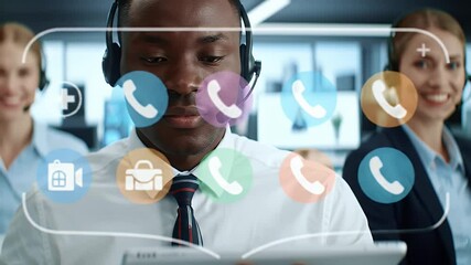 Diverse Call Center Team Members with Headsets Using Tablets With Augmented Reality UI Icons in a Modern Office with Natural Lighting - Powered by Adobe