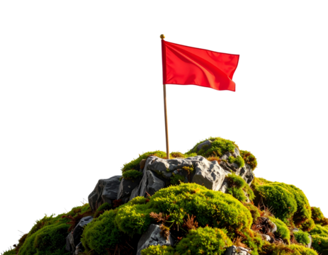 Lone Red Flag on Mossy Cliff Edge in Dense Fog, Symbol of Perseverance – PNG Isolated