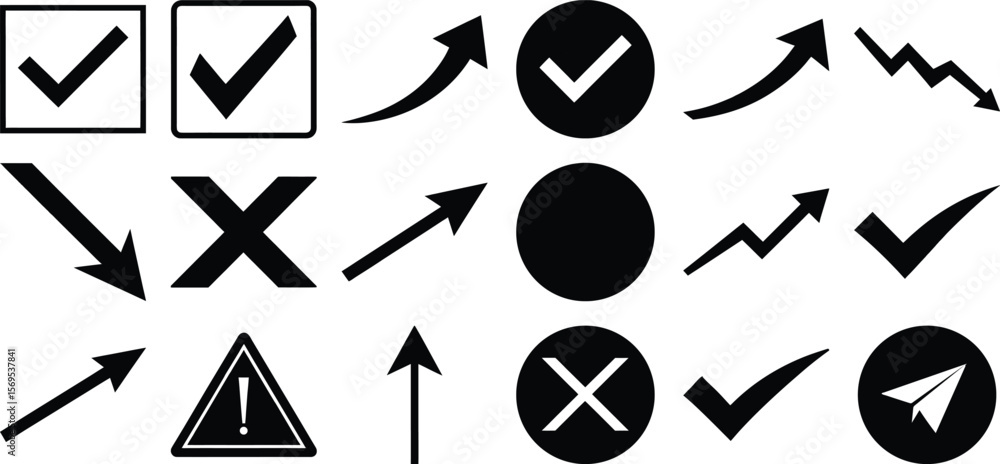 Fototapete check mark x mark arrow and warning icon set with paper plane direction curves and status indicators