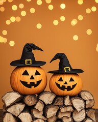Halloween pumpkins with witch hats on firewood stack in moonlit backyard, subtle bokeh lights in background, upper area intentionally blank for advertising