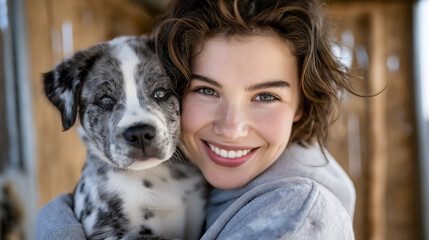 Woman smiling while holding spotted puppy close to her face. Warm outdoor atmosphere with wooden elements in background. Concept of pet adoption, companionship, animal welfare