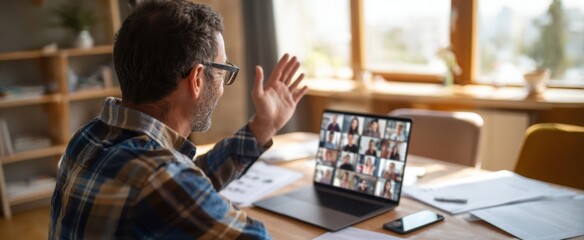 The man engaging in a virtual conference from his home office.