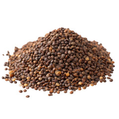 A close up of a pile of brown lentils against a white background studio shot