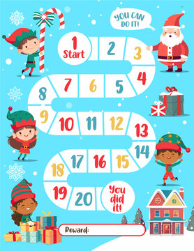 A fun and colorful Christmas countdown game board, perfect for kids. Featuring Santa Claus, elves, and festive elements, it leads to a much-anticipated reward. An excellent visual aid for parents look