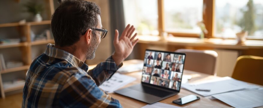 The man engaging in a virtual conference from his home office.