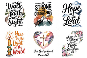 Obraz premium Bible Verses Typography T-Shirt Bundle – Inspirational Christian Quotes, Scripture Lettering, Jesus Crosses & Faith Symbols – Perfect for Shirts, Mugs, Gifts – Editable Vector Design Set