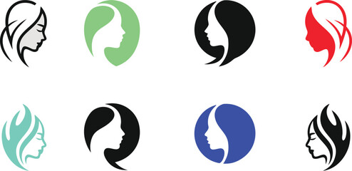 Fototapeta premium Elegant Logos Featuring Female Face Profiles with Diverse Hair Styles and Color Palettes Collection