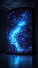 Curved Digital Display Showcasing a Vibrant Blue Galaxy in a Dark Room with Reflection galaxy blue reflection nebula space universe stars astronomy cosmic curved screen digital display large screen