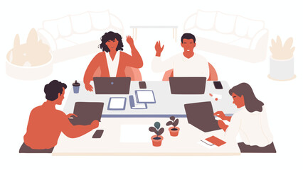 People working together at a table with laptops and tablets in a bright and modern office space