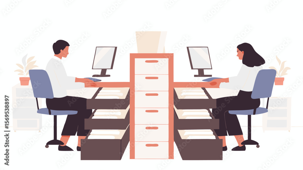 Poster illustration of two people working at desks with computers and a central filing cabinet setup