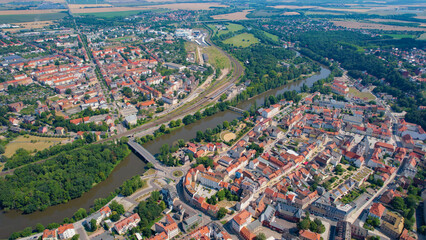 A panoramic aerial view of the city Weißenfels in Germany on a sunny day in spring