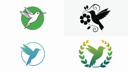 Fototapeta premium Four Stylized Hummingbird Logos Black Silhouette, White Outline, Gradient Blue, and Green Wreath Designs