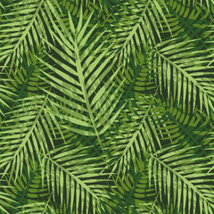 Green tropical foliage, nature dark background, seamless abstract palm leaves pattern. Vector illustration for fabric, wallpaper, package, banners