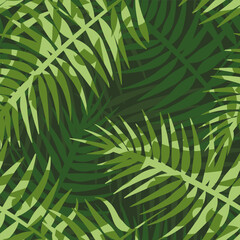 Green tropical foliage, nature dark background, seamless abstract palm leaves pattern. Vector illustration for fabric, wallpaper, package, banners
