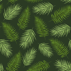 Green tropical foliage, nature dark background, seamless abstract palm leaves pattern. Vector illustration for fabric, wallpaper, package, banners
