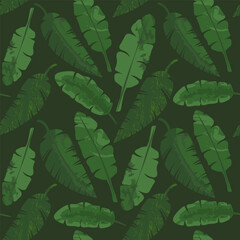 Green tropical foliage, nature dark background, seamless abstract palm leaves pattern. Vector illustration for fabric, wallpaper, package, banners
