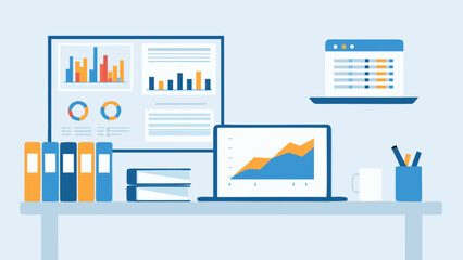 Illustration of a desk with laptop, monitor, and various office supplies displaying data charts