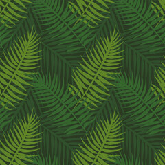 Green tropical foliage, nature dark background, seamless abstract palm leaves pattern. Vector illustration for fabric, wallpaper, package, banners