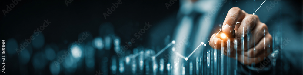 Poster hand interacting with digital graph interface showing data analysis