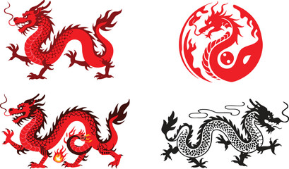 Fototapeta premium Illustration Collection of Traditional Chinese Dragon Designs, Including Red Dragons and a YinYang Symbol