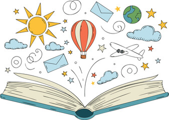 Illustration of Open Book Releasing Images of Hot Air Balloon, Airplane, Sun, and More