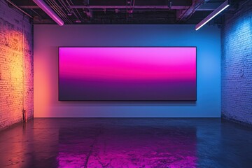 Dynamic Gradient Display on Large Screen in Modern Neon Lit Interior interior screen display modern gradient dynamic gallery studio large screen wall architecture concrete floor brick wall lighting