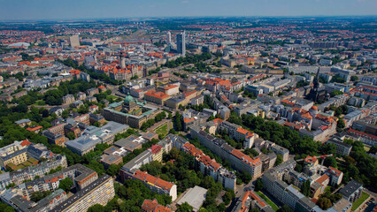 A panoramic aerial view of the city Leipzig in Germany on a sunny day in spring