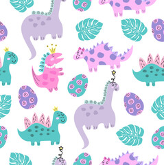 A pattern of cute dinorosaurs on a white background.