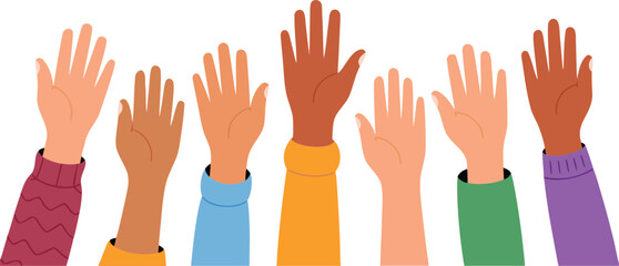 Raised Hands Diverse Colors Illustration, Volunteer Participation, Social Justice, Unity