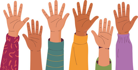 Obraz premium Raised Hands of Diverse People in Colorful Shirts Illustration on White Background