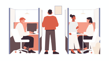 Illustration of people in office cubicles with a manager overseeing the workspace arrangement