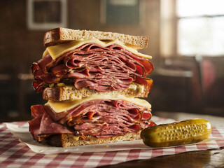 A mouthwatering close-up of a massive American pastrami sandwich stacked with thin slices of meat and Swiss cheese on rye bread, served with a pickle on the side
