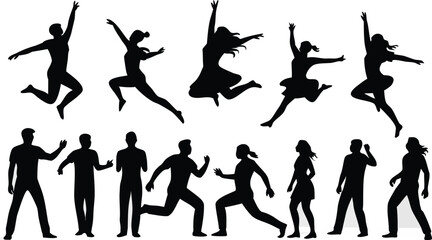 Silhouette Art Jumping Running People Group of Diverse Figures in Motion