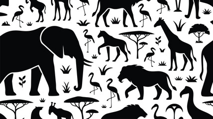 Seamless Pattern of Black Silhouettes of African Animals and Trees on White Background