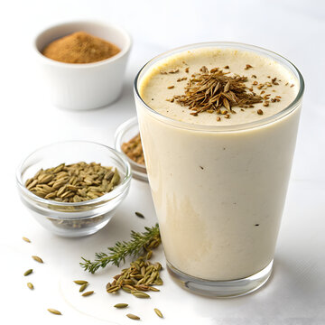 Photo of a healthy spice drink in a glass with assorted spices and seeds isolated on white background