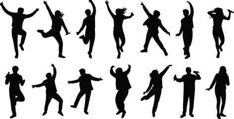 Silhouette Collection People Jumping, Dancing, and Raising Arms in Celebration Against White Background