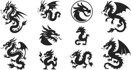 Silhouette Dragon Art Diverse Black Dragon Illustrations on a White Background