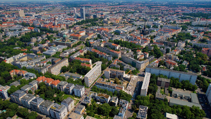 A panoramic aerial view of the city Leipzig in Germany on a sunny day in spring