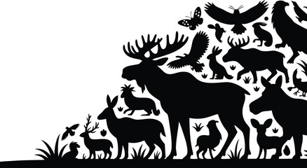 Silhouette Illustration of Forest Animals Moose, Deer, Rabbits, Birds, Butterflies, and Other Wildlife