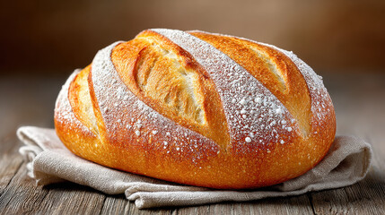 Rustic country bread loaf on a wooden table in 4K resolution.