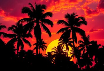 Silhouette of tropical palm trees against a vibrant sunset, ideal for summer holiday designs,  holiday,  colorful