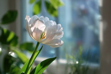 Delicate White Flower Bathed in Soft Natural Light with Lush Green Background Creating a Serene Indoor Garden Atmosphere