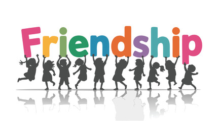 Obraz premium Silhouette Kids Holding Colorful Friendship Letters, Reflecting on White Surface, Group of Children