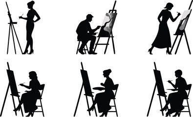 Obraz premium Silhouette Illustrations of Artists Painting on Easels Diverse Poses, Creative Expression, Artistry