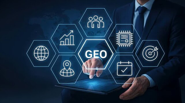 Businessman using glowing touchscreen tablet with hexagon icons for GEO, AI Optimization in clean office, highlighting Generative Ranking concept