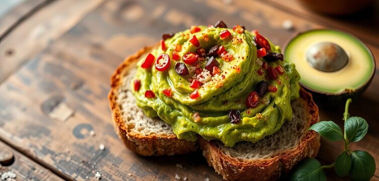 Smashed avocado with chili salt on rustic sourdough bread, vibrant, simple food